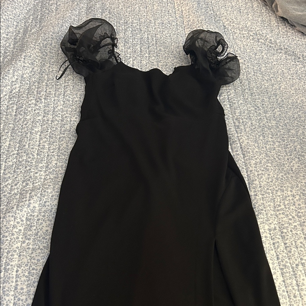 Elegant Black Dress with Sheer Puff Sleeves. Long formal stretchy material. Slit